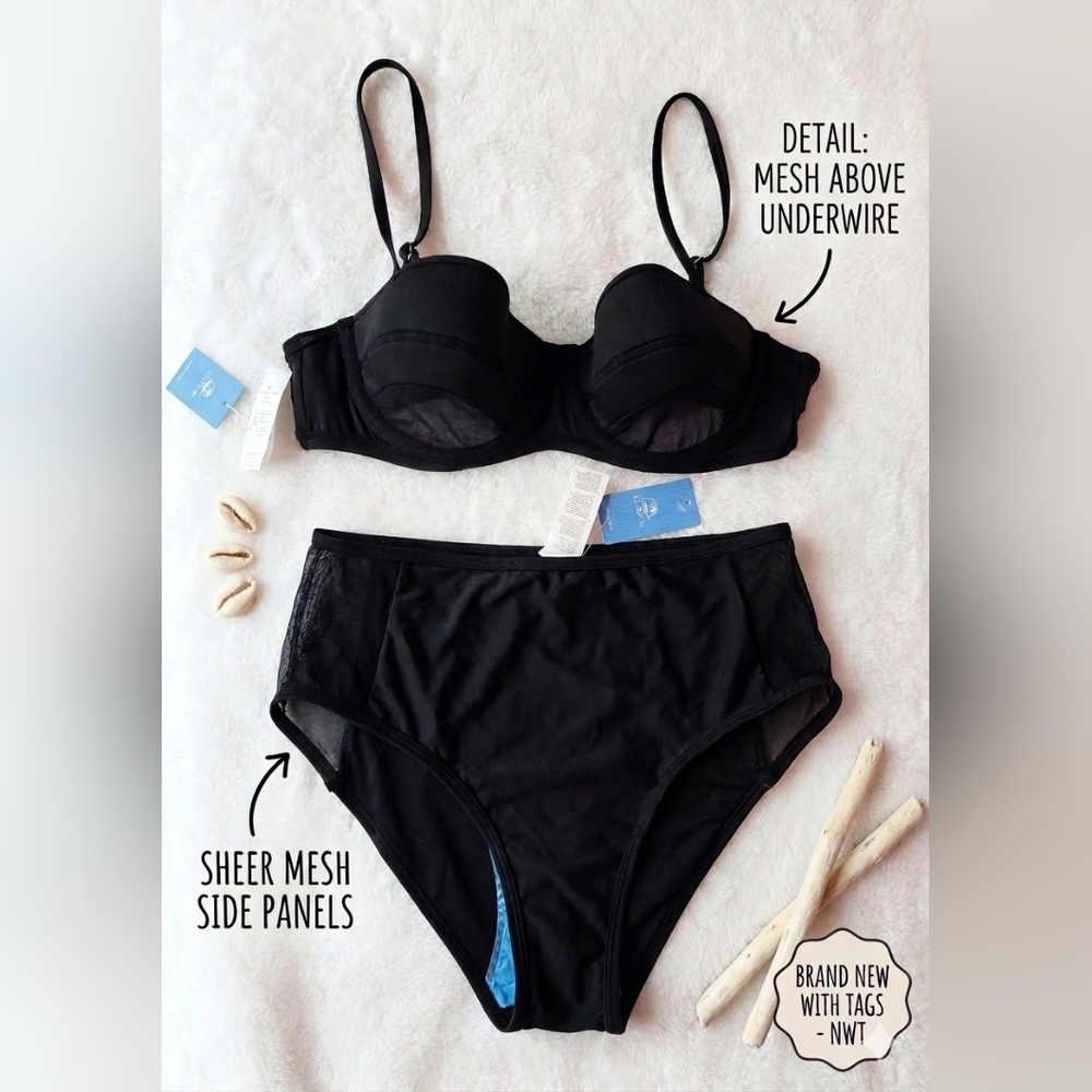 NWT Cupshe Captivating Black Mesh Underwire Bikini Set High Waisted Retro Medium